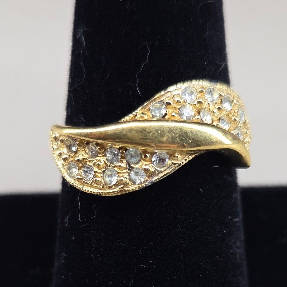 Gold Tone Wave Bypass Ring Clear Crystal Pave Statement Ring Size 10